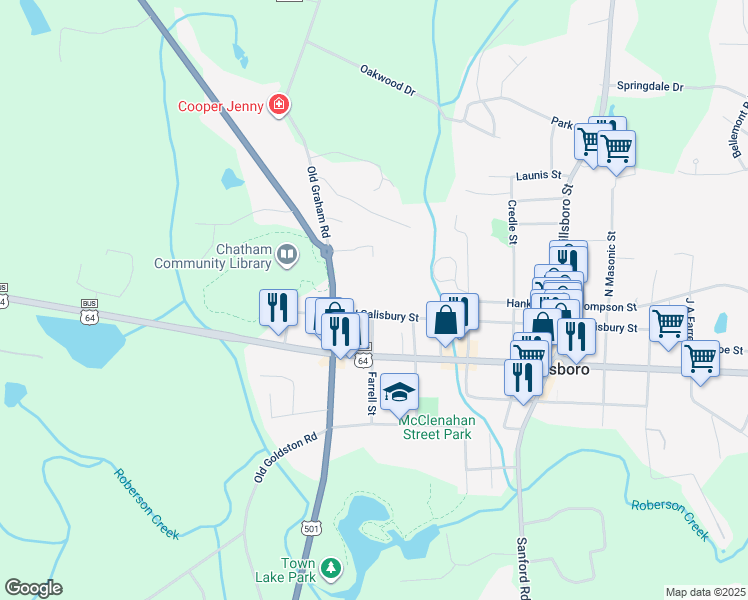 map of restaurants, bars, coffee shops, grocery stores, and more near 440 West Salisbury Street in Pittsboro