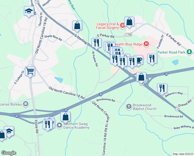 map of restaurants, bars, coffee shops, grocery stores, and more near 158A/D West Parker Road in Morganton