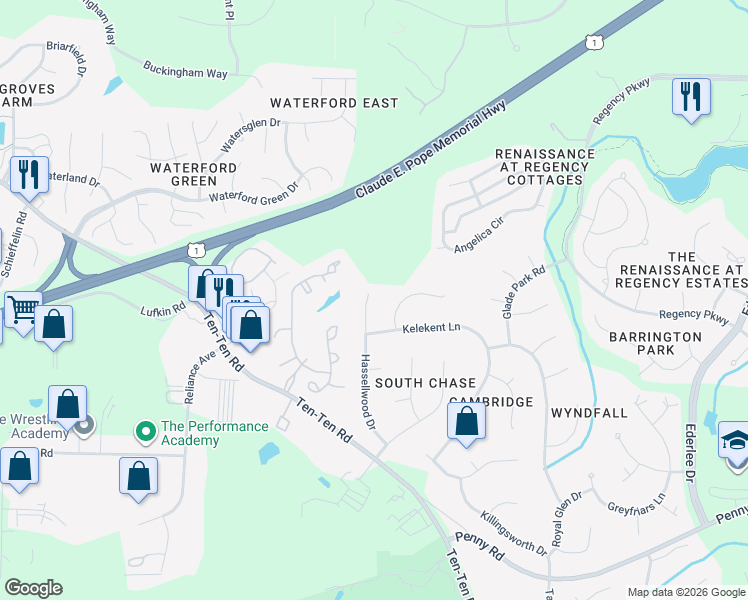 map of restaurants, bars, coffee shops, grocery stores, and more near 308 Hassellwood Drive in Cary