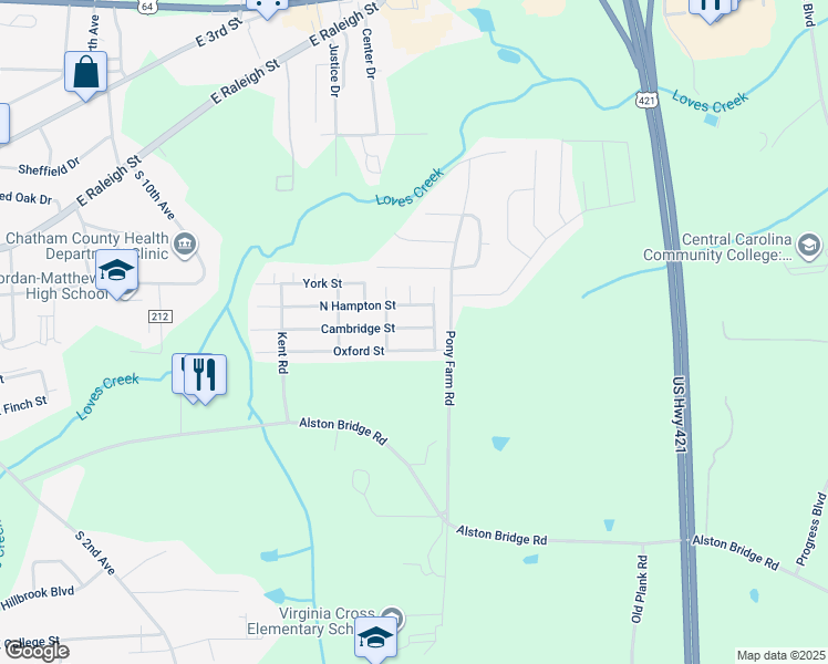 map of restaurants, bars, coffee shops, grocery stores, and more near 1306 Cambridge Street in Siler City