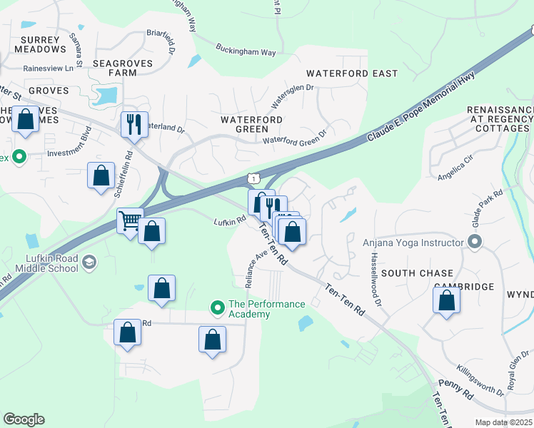 map of restaurants, bars, coffee shops, grocery stores, and more near Cary Oaks Drive in Apex