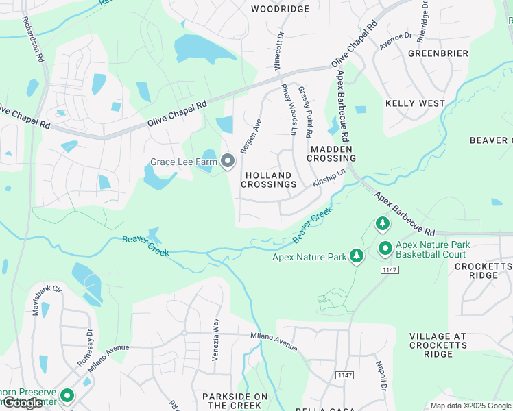 map of restaurants, bars, coffee shops, grocery stores, and more near 612 Kinship Lane in Apex