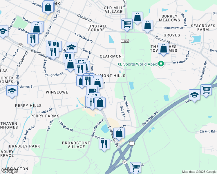 map of restaurants, bars, coffee shops, grocery stores, and more near 610 Briarcliff Street in Apex