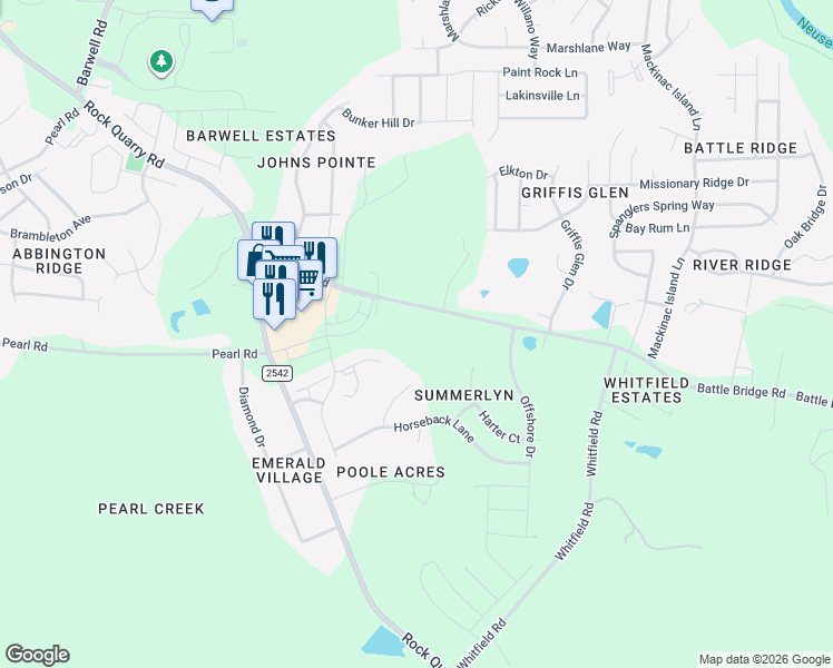 map of restaurants, bars, coffee shops, grocery stores, and more near 6600 Battle Bridge Road in Raleigh