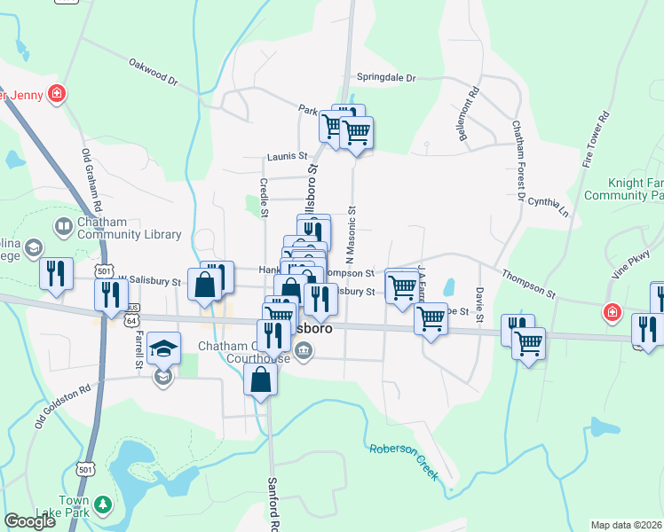 map of restaurants, bars, coffee shops, grocery stores, and more near 65 Thompson Street in Pittsboro