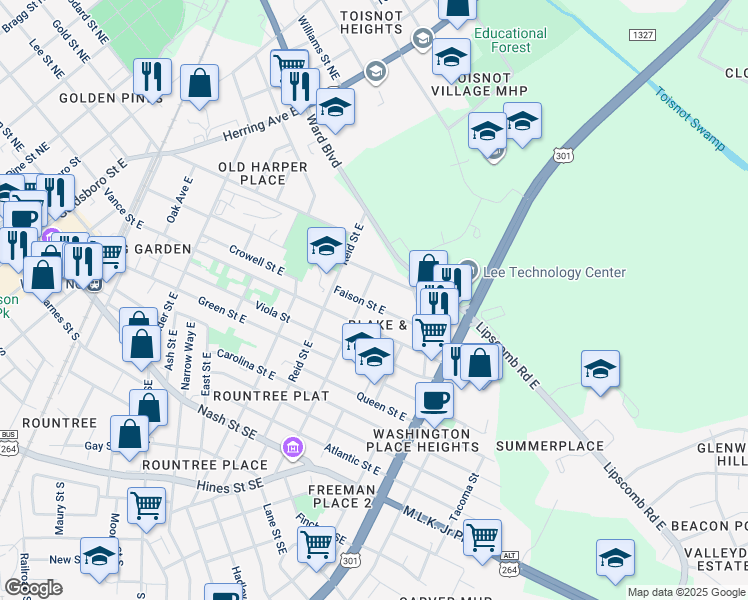 map of restaurants, bars, coffee shops, grocery stores, and more near 1005 Faison Street East in Wilson