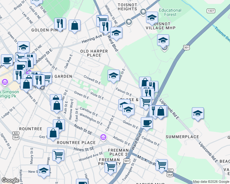 map of restaurants, bars, coffee shops, grocery stores, and more near 813 Vance Street East in Wilson