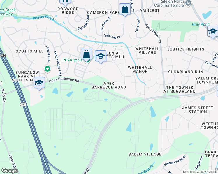 map of restaurants, bars, coffee shops, grocery stores, and more near 6400 Apex Barbecue Road in Apex