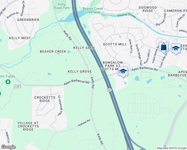 map of restaurants, bars, coffee shops, grocery stores, and more near 2017 Kelly Glen Drive in Apex