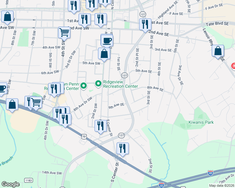 map of restaurants, bars, coffee shops, grocery stores, and more near 34 8th Avenue Drive Southeast in Hickory