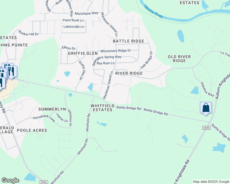 map of restaurants, bars, coffee shops, grocery stores, and more near 7105 Battle Bridge Road in Raleigh