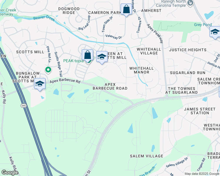 map of restaurants, bars, coffee shops, grocery stores, and more near 6400 Apex Barbecue Road in Apex