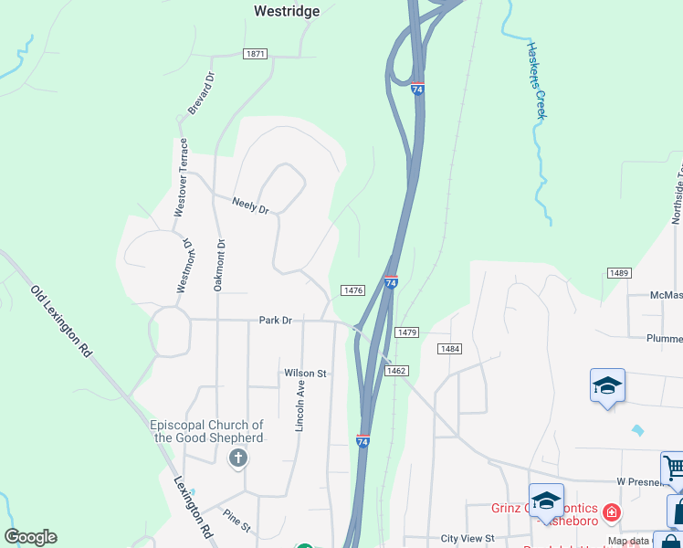 map of restaurants, bars, coffee shops, grocery stores, and more near 1000 Park Drive in Asheboro