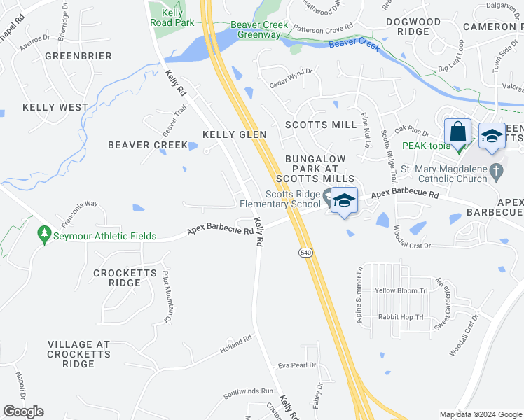 map of restaurants, bars, coffee shops, grocery stores, and more near 2017 Kelly Glen Drive in Apex