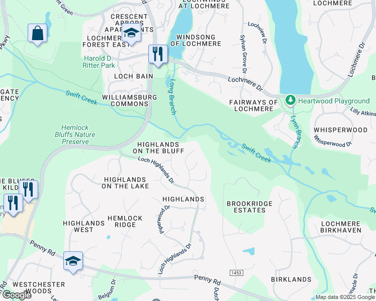 map of restaurants, bars, coffee shops, grocery stores, and more near 315 Highlands Bluffs Drive in Cary