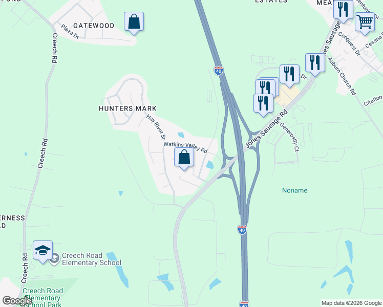 map of restaurants, bars, coffee shops, grocery stores, and more near 4500 Watkins Valley Road in Garner