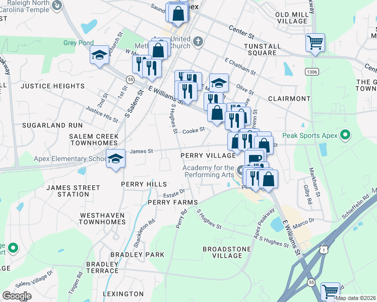 map of restaurants, bars, coffee shops, grocery stores, and more near 406 James Street in Apex