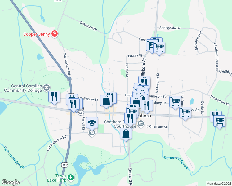 map of restaurants, bars, coffee shops, grocery stores, and more near 152 Rectory Street in Pittsboro
