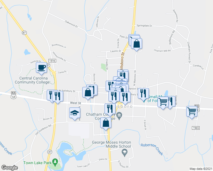 map of restaurants, bars, coffee shops, grocery stores, and more near 1201 Hanks Street in Pittsboro