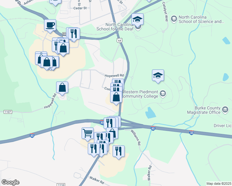 map of restaurants, bars, coffee shops, grocery stores, and more near 101 Conley Street in Morganton