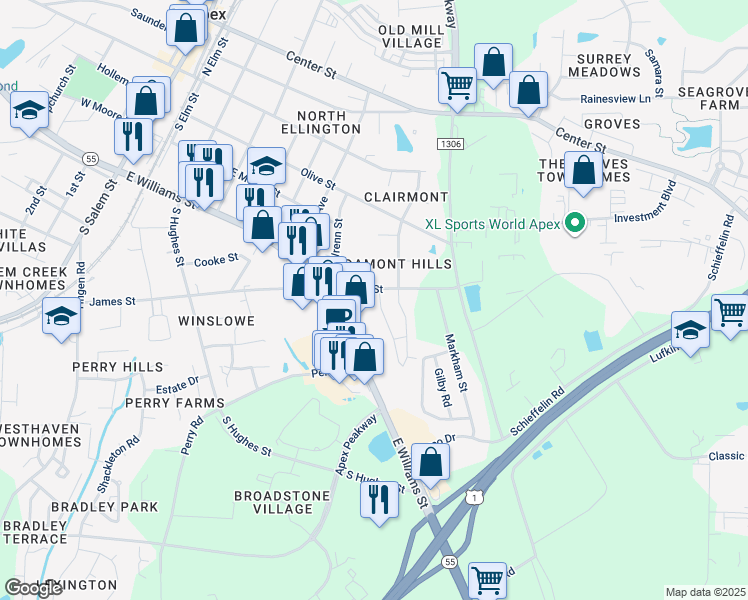 map of restaurants, bars, coffee shops, grocery stores, and more near 712 Treviso Lane in Apex