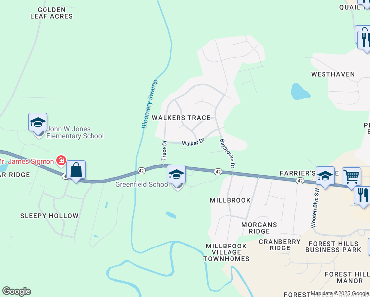 map of restaurants, bars, coffee shops, grocery stores, and more near 3509 Walker Drive in Wilson
