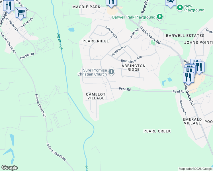map of restaurants, bars, coffee shops, grocery stores, and more near 4772 Queen Pierrette Street in Raleigh