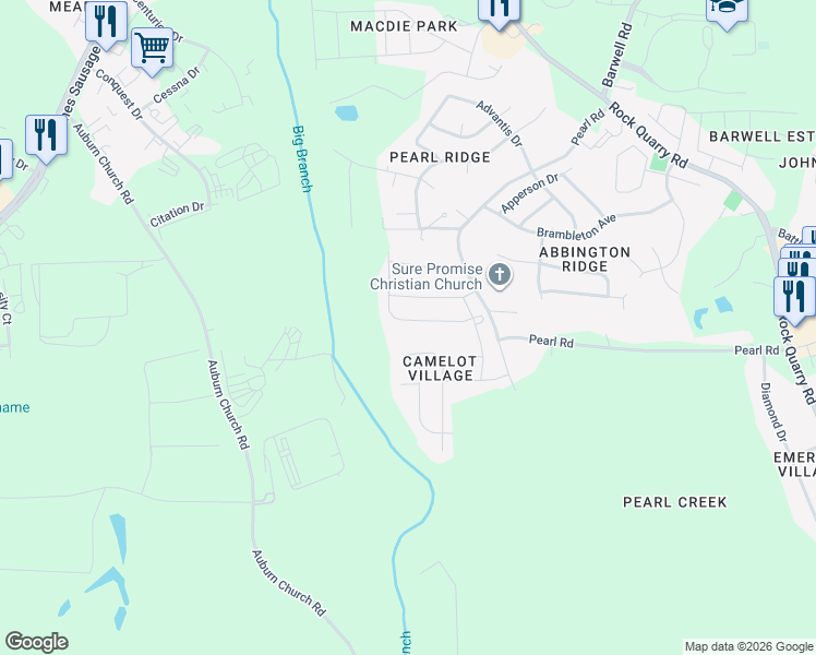 map of restaurants, bars, coffee shops, grocery stores, and more near 4720 Queen Pierrette Street in Raleigh