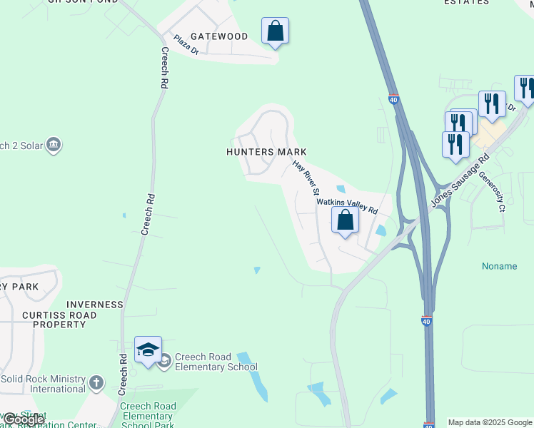 map of restaurants, bars, coffee shops, grocery stores, and more near 4406 Wilmington Road in Garner