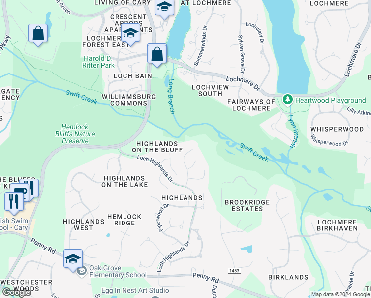 map of restaurants, bars, coffee shops, grocery stores, and more near 315 Highlands Bluffs Drive in Cary