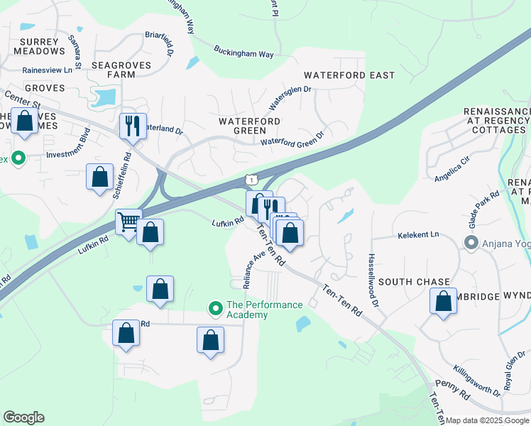 map of restaurants, bars, coffee shops, grocery stores, and more near 2021 Ten-Ten Road in Apex