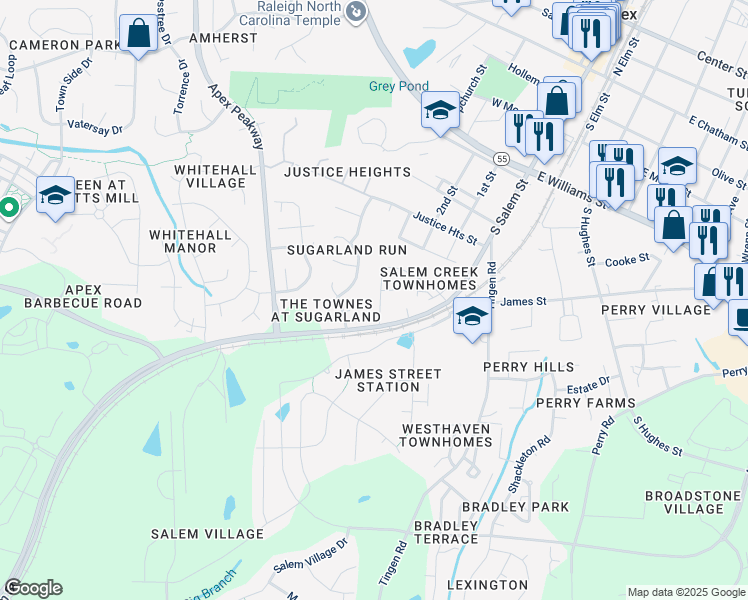 map of restaurants, bars, coffee shops, grocery stores, and more near 1640 Brussels Drive in Apex