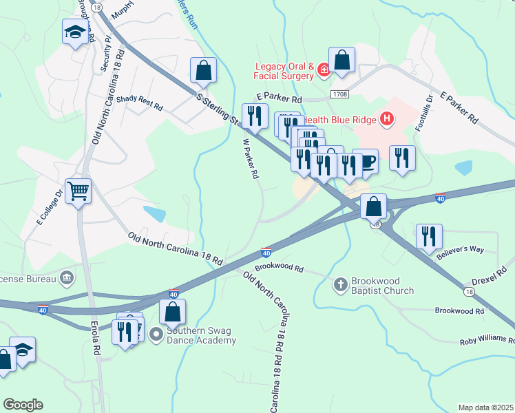 map of restaurants, bars, coffee shops, grocery stores, and more near 158A/D West Parker Road in Morganton