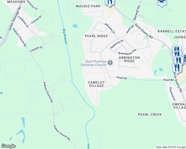 map of restaurants, bars, coffee shops, grocery stores, and more near 4736 Queen Pierrette Street in Raleigh