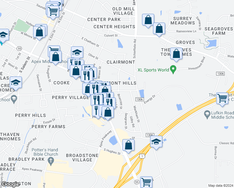 map of restaurants, bars, coffee shops, grocery stores, and more near 606 Briarcliff Street in Apex