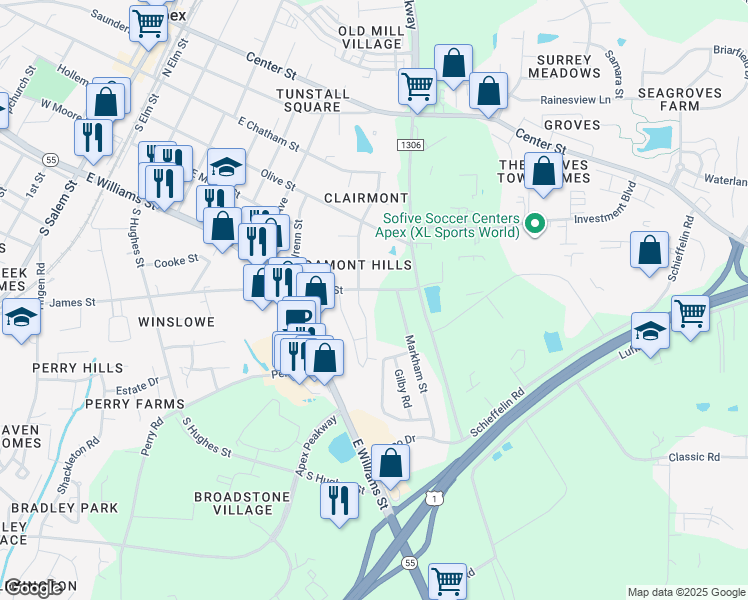 map of restaurants, bars, coffee shops, grocery stores, and more near 916 James Street in Apex
