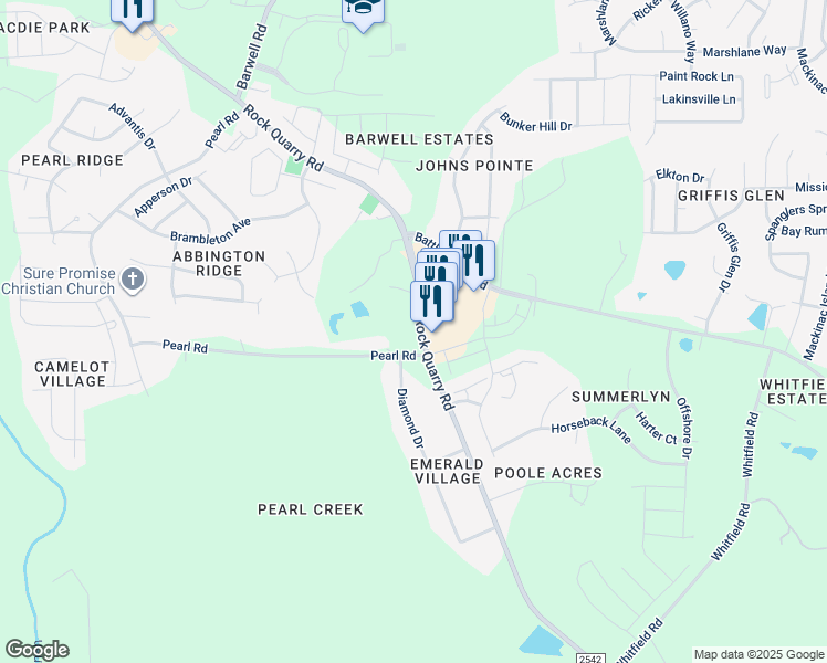map of restaurants, bars, coffee shops, grocery stores, and more near 6220 Rock Quarry Road in Raleigh