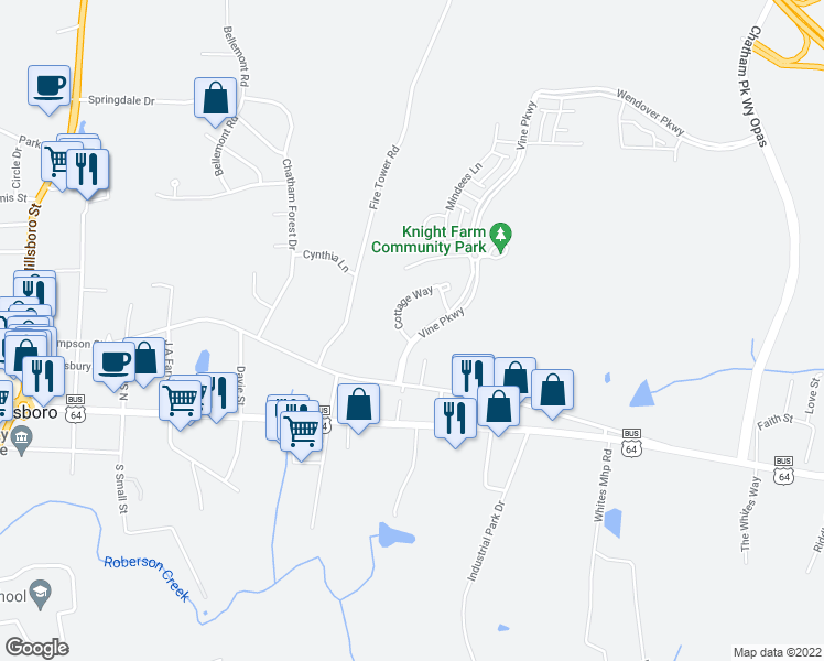 map of restaurants, bars, coffee shops, grocery stores, and more near 56 Cottage Way in Pittsboro