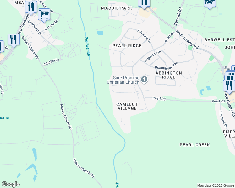 map of restaurants, bars, coffee shops, grocery stores, and more near 4720 Queen Pierrette Street in Raleigh
