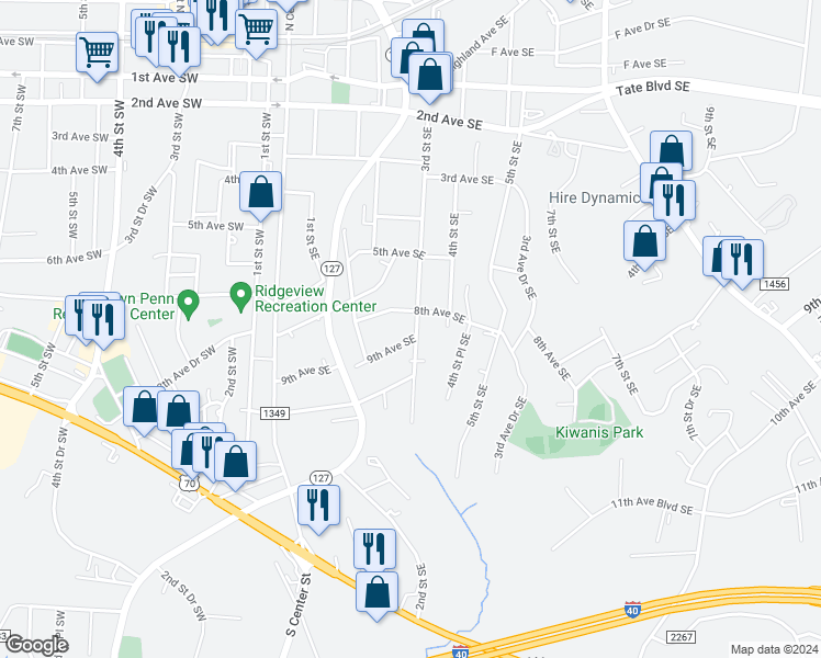 map of restaurants, bars, coffee shops, grocery stores, and more near 820 3rd Street Southeast in Hickory