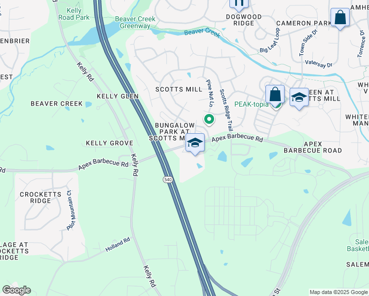 map of restaurants, bars, coffee shops, grocery stores, and more near 6601 Apex Barbecue Road in Apex