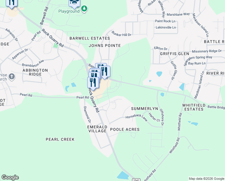 map of restaurants, bars, coffee shops, grocery stores, and more near 6420 Granite Quarry Drive in Raleigh