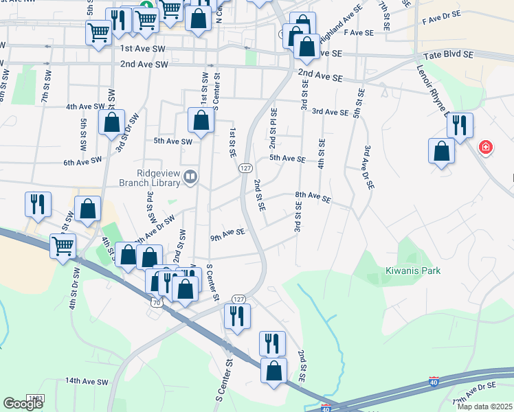 map of restaurants, bars, coffee shops, grocery stores, and more near 834 2nd Street Southeast in Hickory
