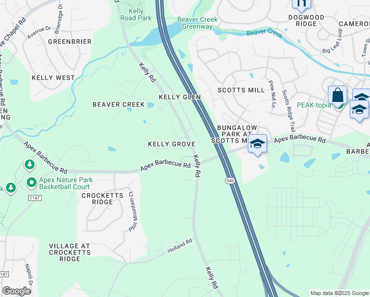 map of restaurants, bars, coffee shops, grocery stores, and more near 2119 Toad Hollow Trail in Apex