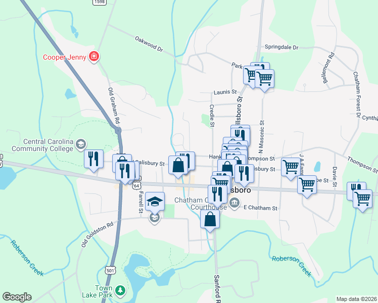 map of restaurants, bars, coffee shops, grocery stores, and more near 152 Rectory Street in Pittsboro