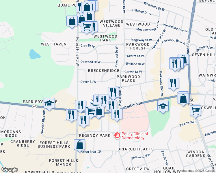 map of restaurants, bars, coffee shops, grocery stores, and more near 312 Katharine Court West in Wilson