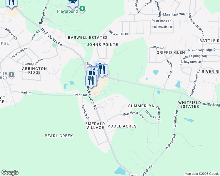 map of restaurants, bars, coffee shops, grocery stores, and more near 6420 Granite Quarry Drive in Raleigh