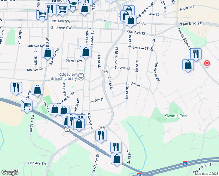 map of restaurants, bars, coffee shops, grocery stores, and more near 834 2nd Street Southeast in Hickory