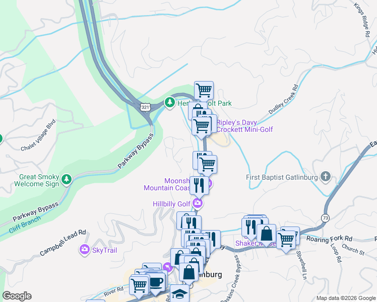 map of restaurants, bars, coffee shops, grocery stores, and more near 405 Laurel Avenue in Gatlinburg
