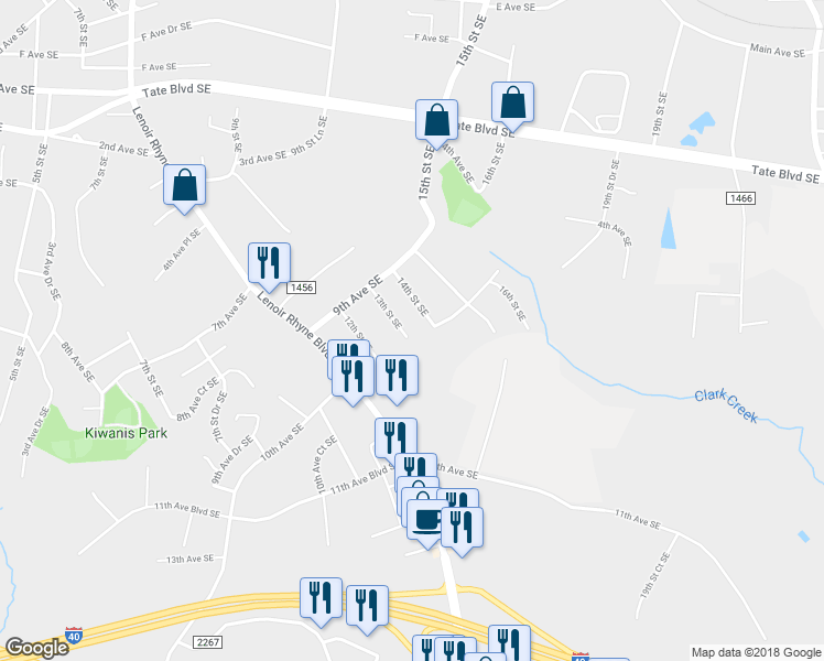 map of restaurants, bars, coffee shops, grocery stores, and more near 971 13th Street Southeast in Hickory
